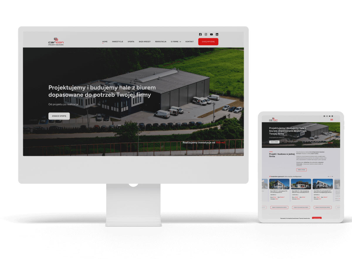 Monitor i tablet z wyświetloną stroną firmy budowlanej projektującej hale i biura dla firm.