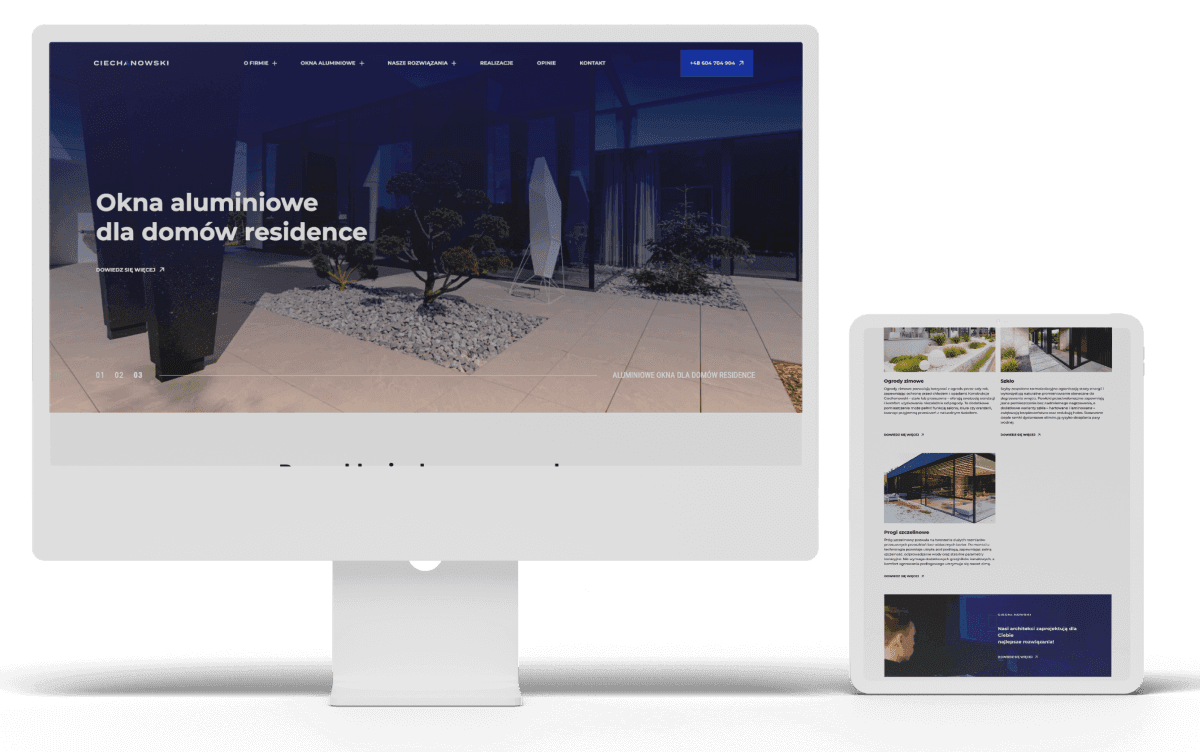 Zrzut ekranu strony internetowej z ofertą aluminiowych okien do domów residence.