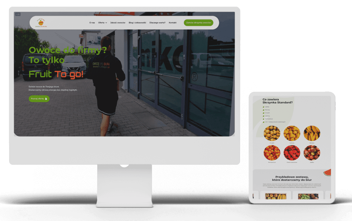 Na ekranie komputerowym i tablecie wyświetlona jest strona internetowa firmy oferującej dostawę owoców do biur.