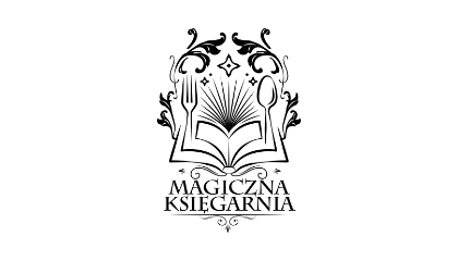 Otwarta książka z magicznymi elementami, nad nią sztućce, poniżej napis „Magiczna Księgarnia”.