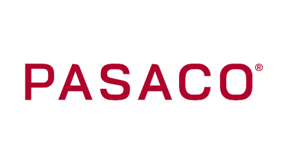 Czerwone logo firmy PASACO na białym tle.