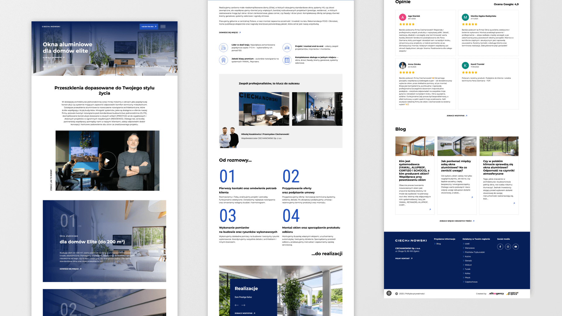 Trzy kolumny projektu strony internetowej firmy oferującej okna aluminiowe, opinie i blog.