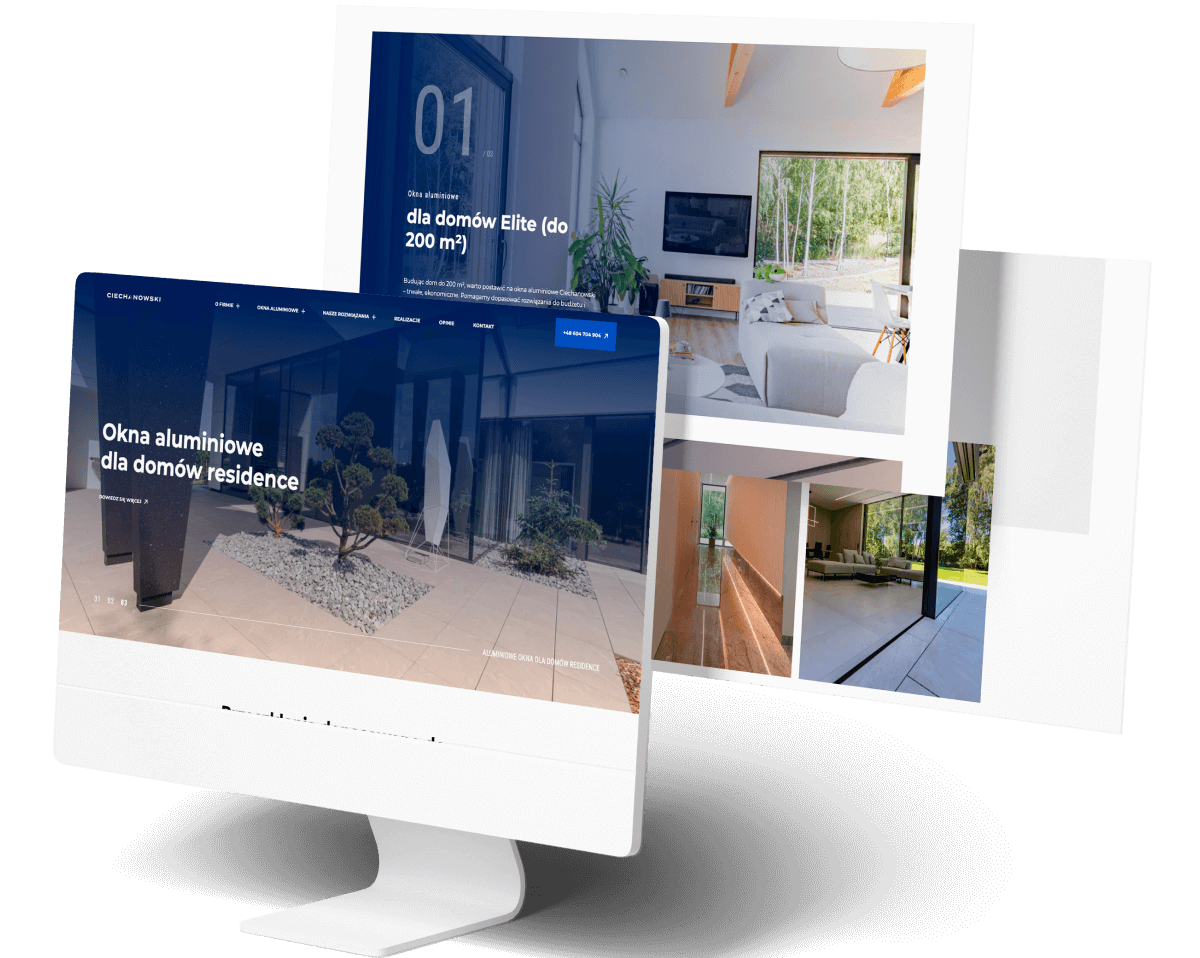 Dwa ekrany prezentujące stronę internetową z ofertą okien aluminiowych do domów.