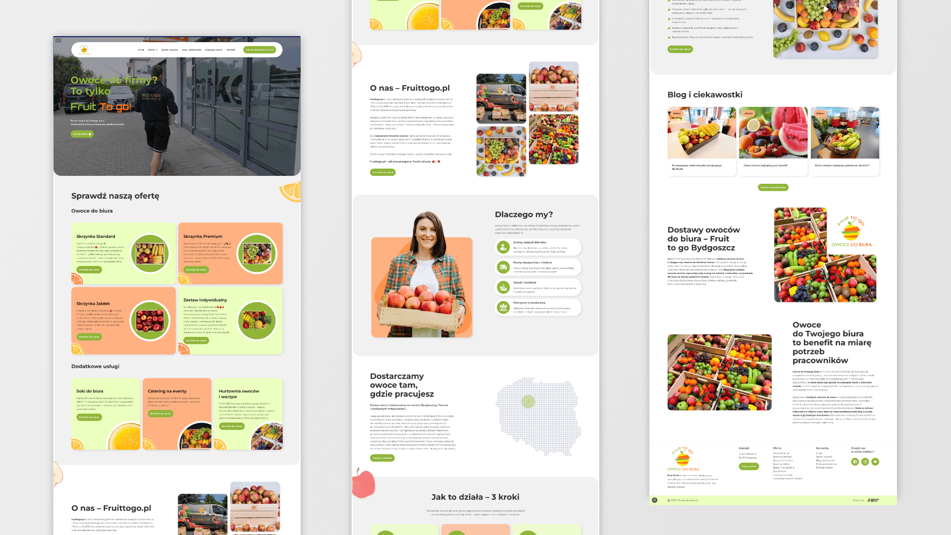 Trzy ekrany strony internetowej firmy oferującej dostawę owoców do biur, zdjęcia owoców i opisy usług.