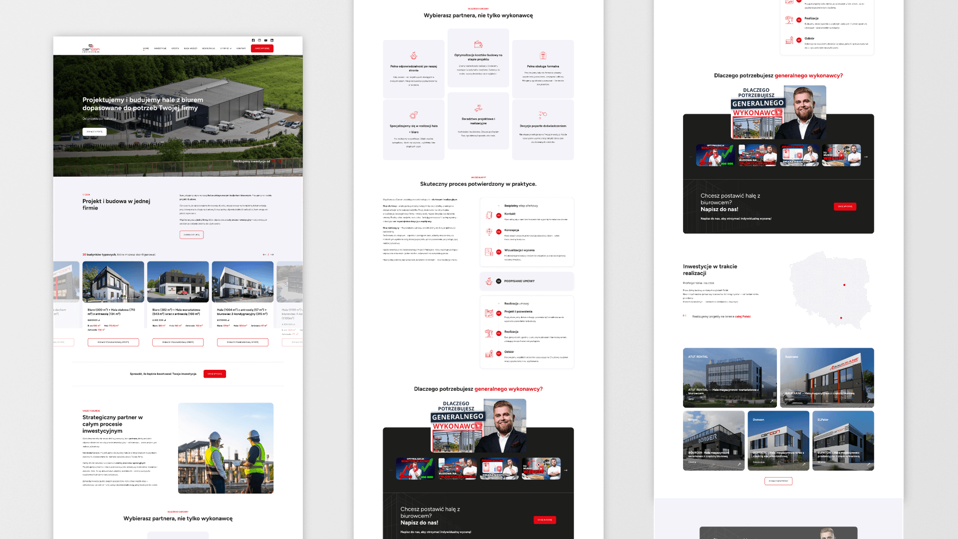 Trzy widoki strony internetowej firmy budowlanej prezentujące ofertę i realizacje hal z biurem.