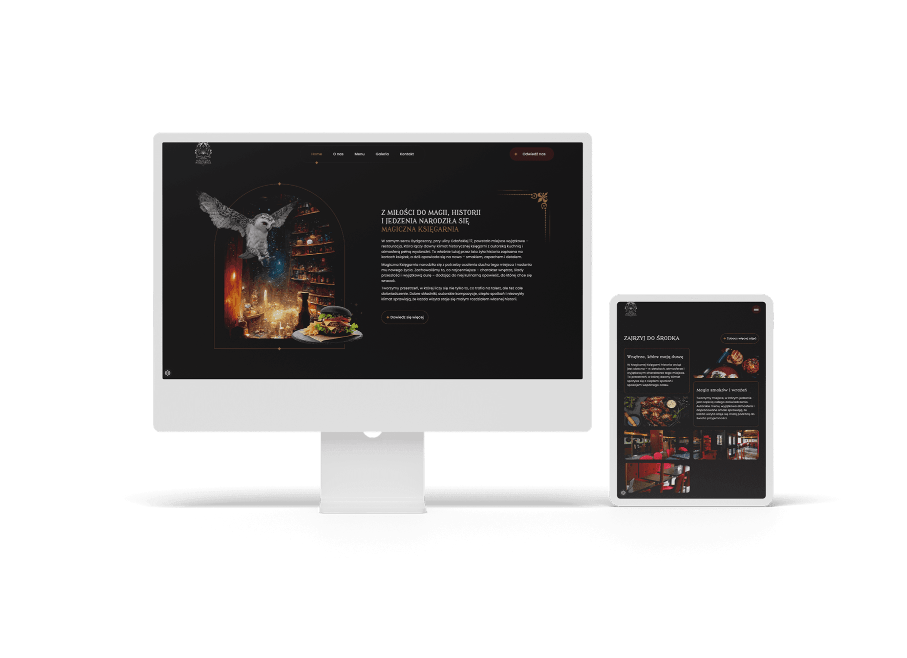Podgląd strony internetowej restauracji na komputerze i tablecie w ciemnej stylistyce.
