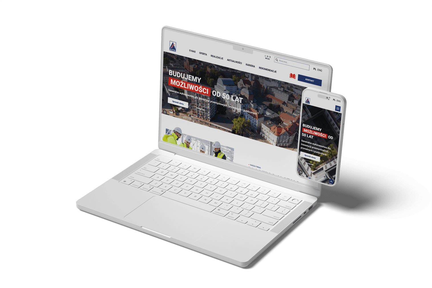 Makieta strony internetowej wyświetlona na laptopie i smartfonie.