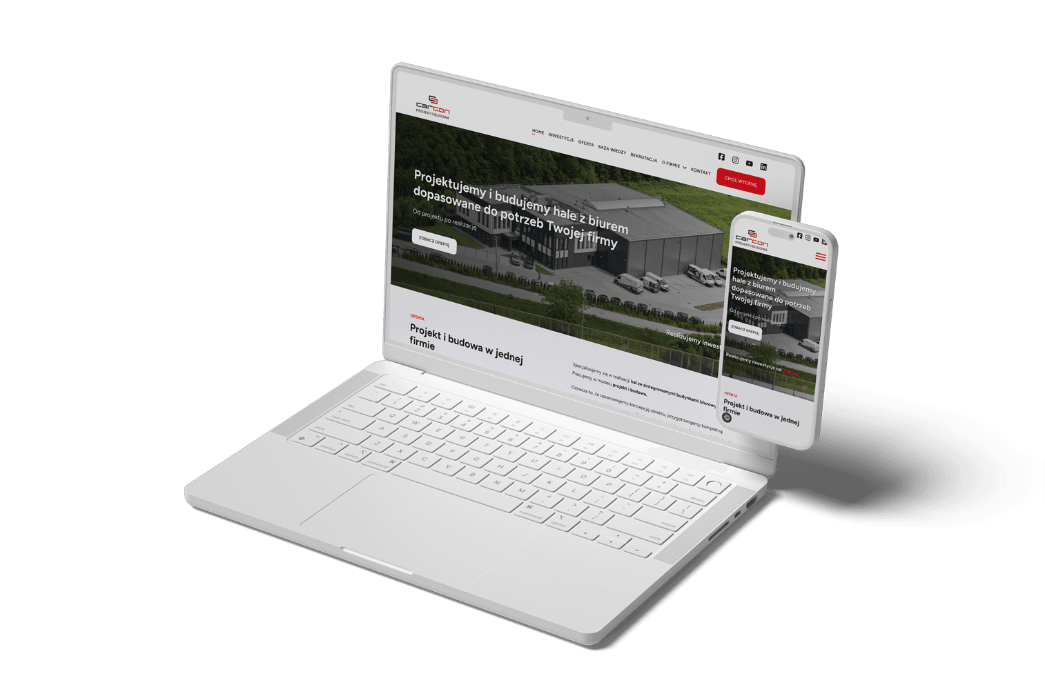 Laptop i smartfon z wyświetloną stroną internetową firmy budowlanej.