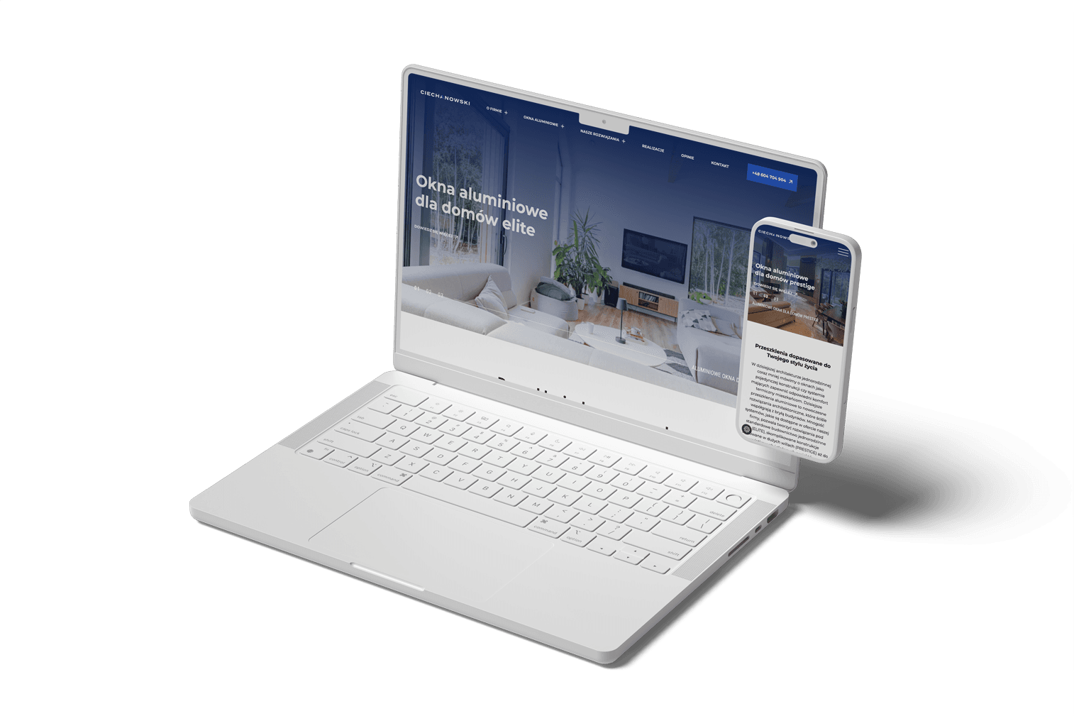 Laptop i smartfon z podglądem strony internetowej o oknach aluminiowych.