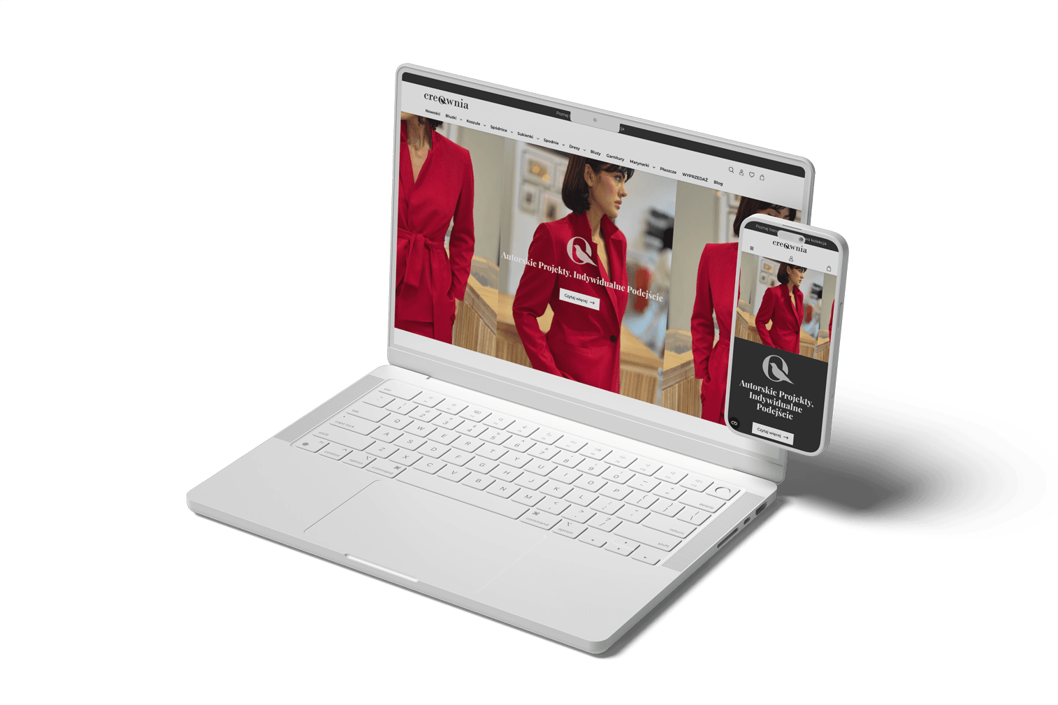 Laptop i smartfon z otwartą stroną internetową prezentującą modelkę w czerwonym stroju.