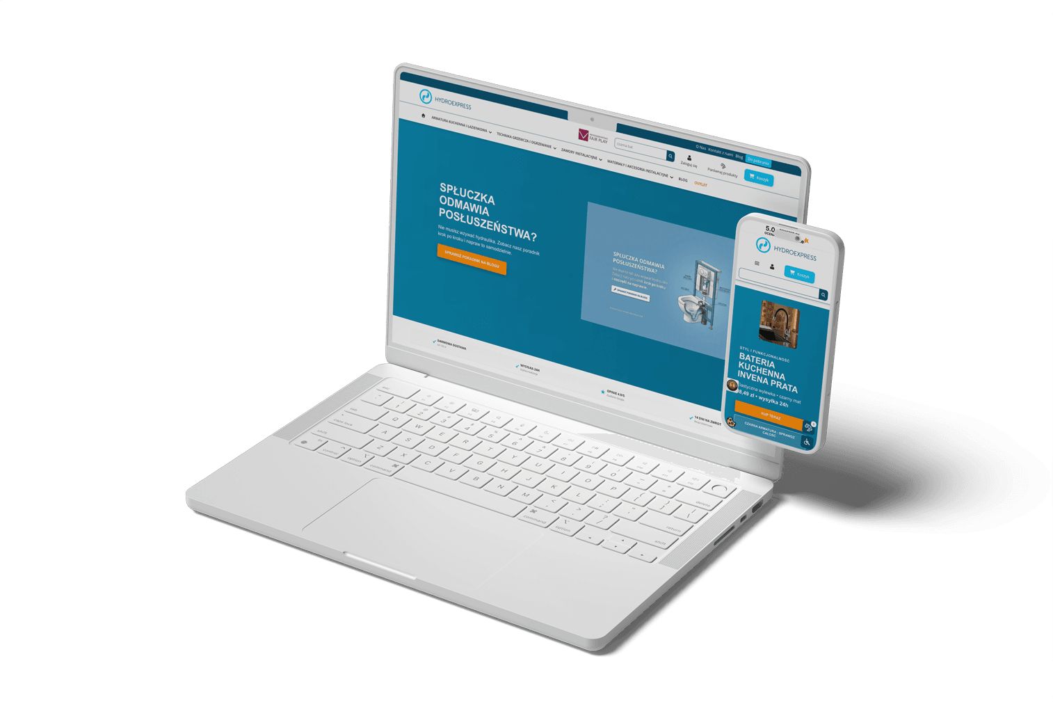 Laptop i smartfon z otwartą stroną internetową sklepu hydraulicznego.