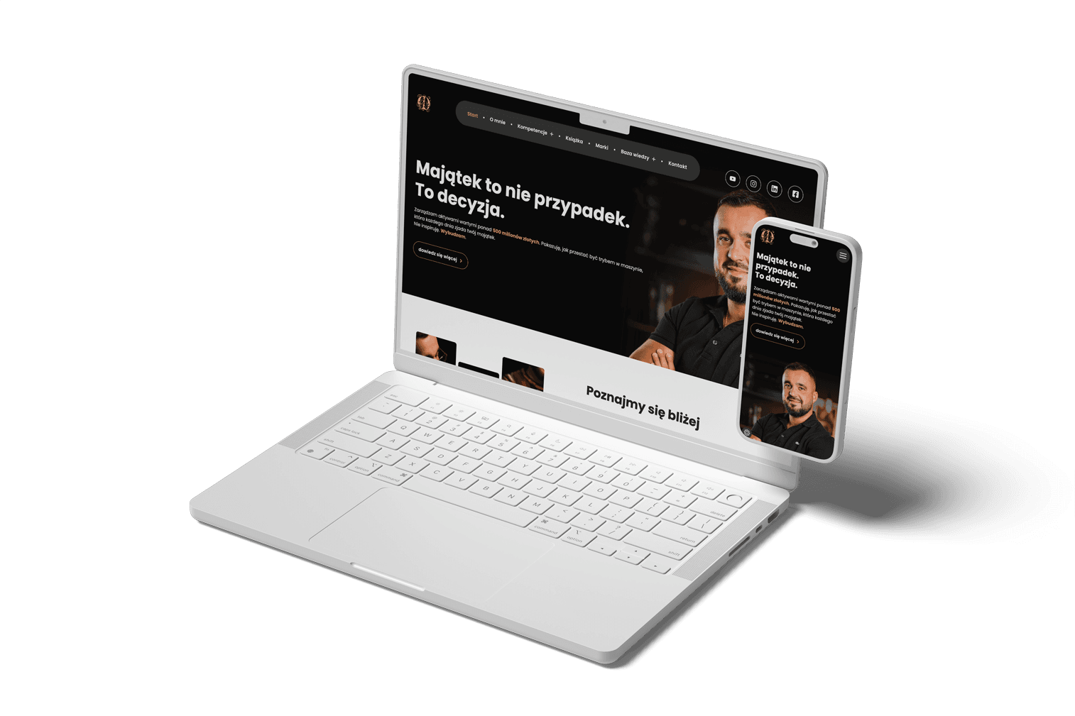 Laptop i smartfon z podglądem ciemnej strony internetowej z portretem mężczyzny.