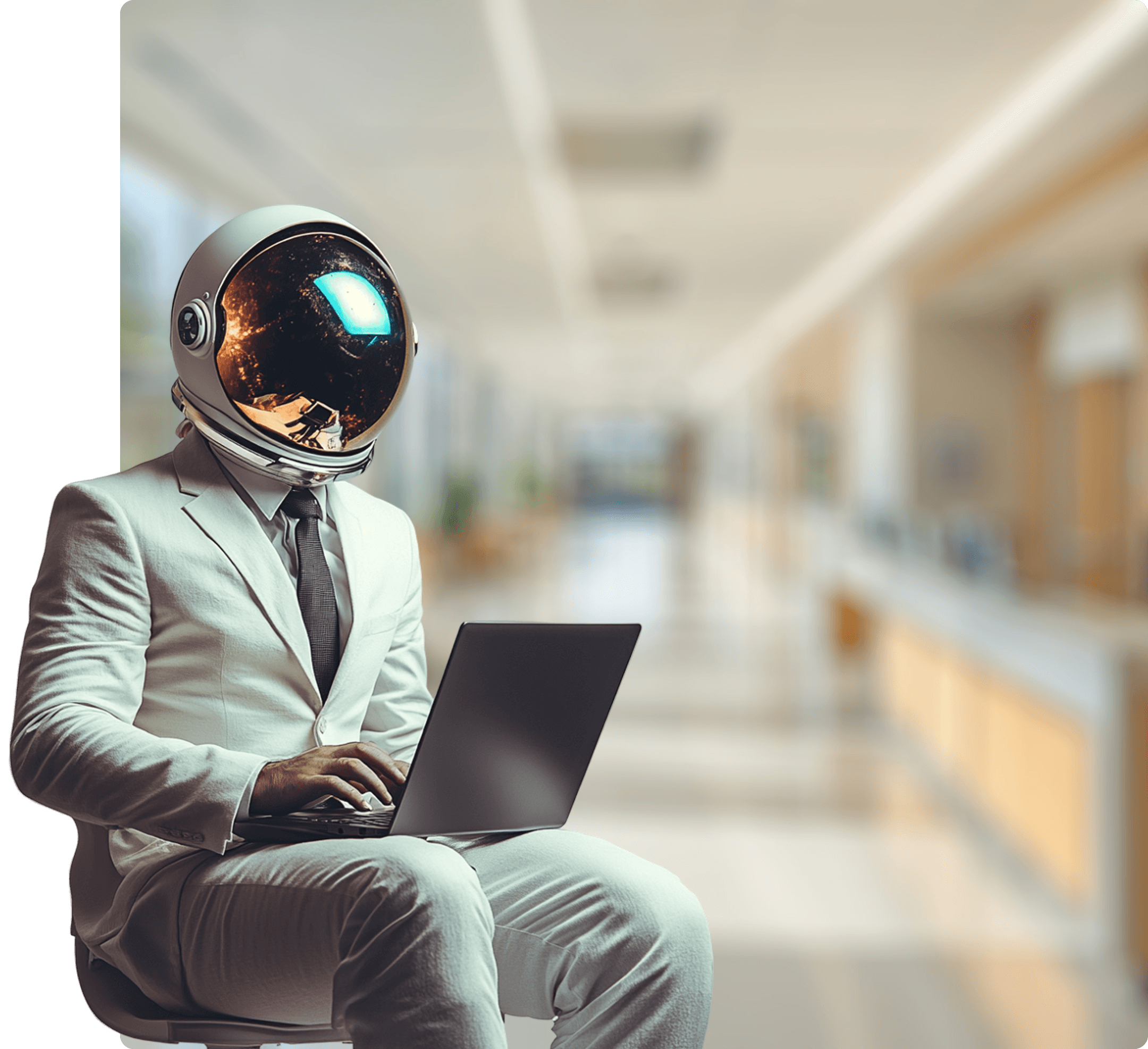 Postać w białym garniturze z hełmem astronauty pracuje na laptopie w rozmytym korytarzu.