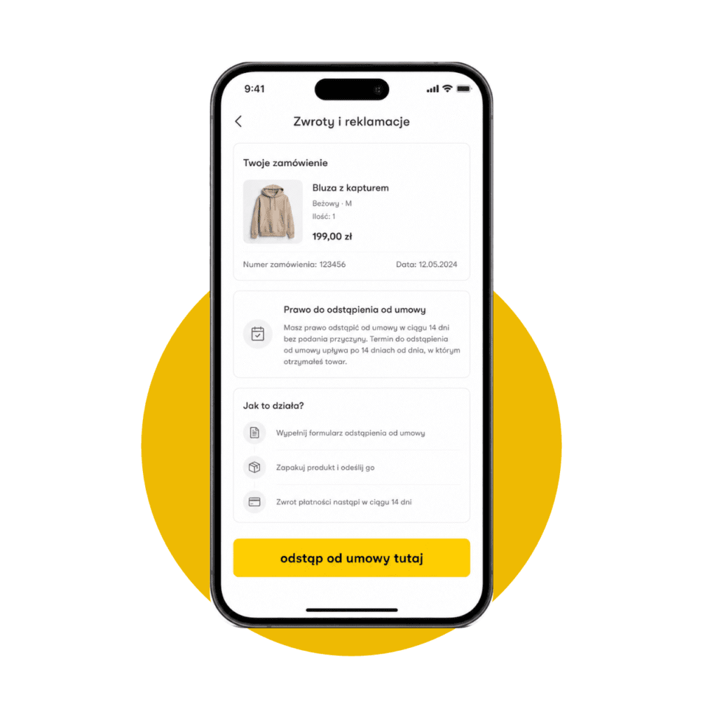Ekran telefonu z formularzem zwrotu i reklamacji zamówienia na bluzę z kapturem.