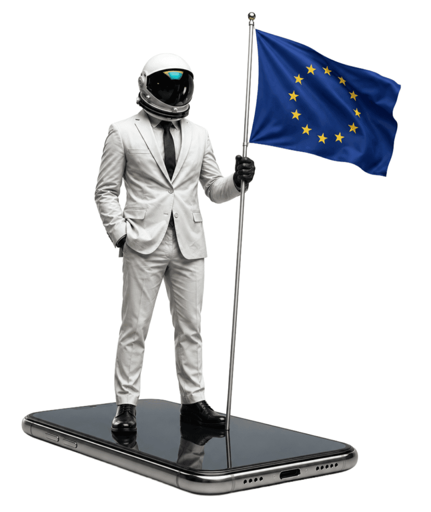 Astronauta w białym garniturze stoi na smartfonie i trzyma flagę Unii Europejskiej.