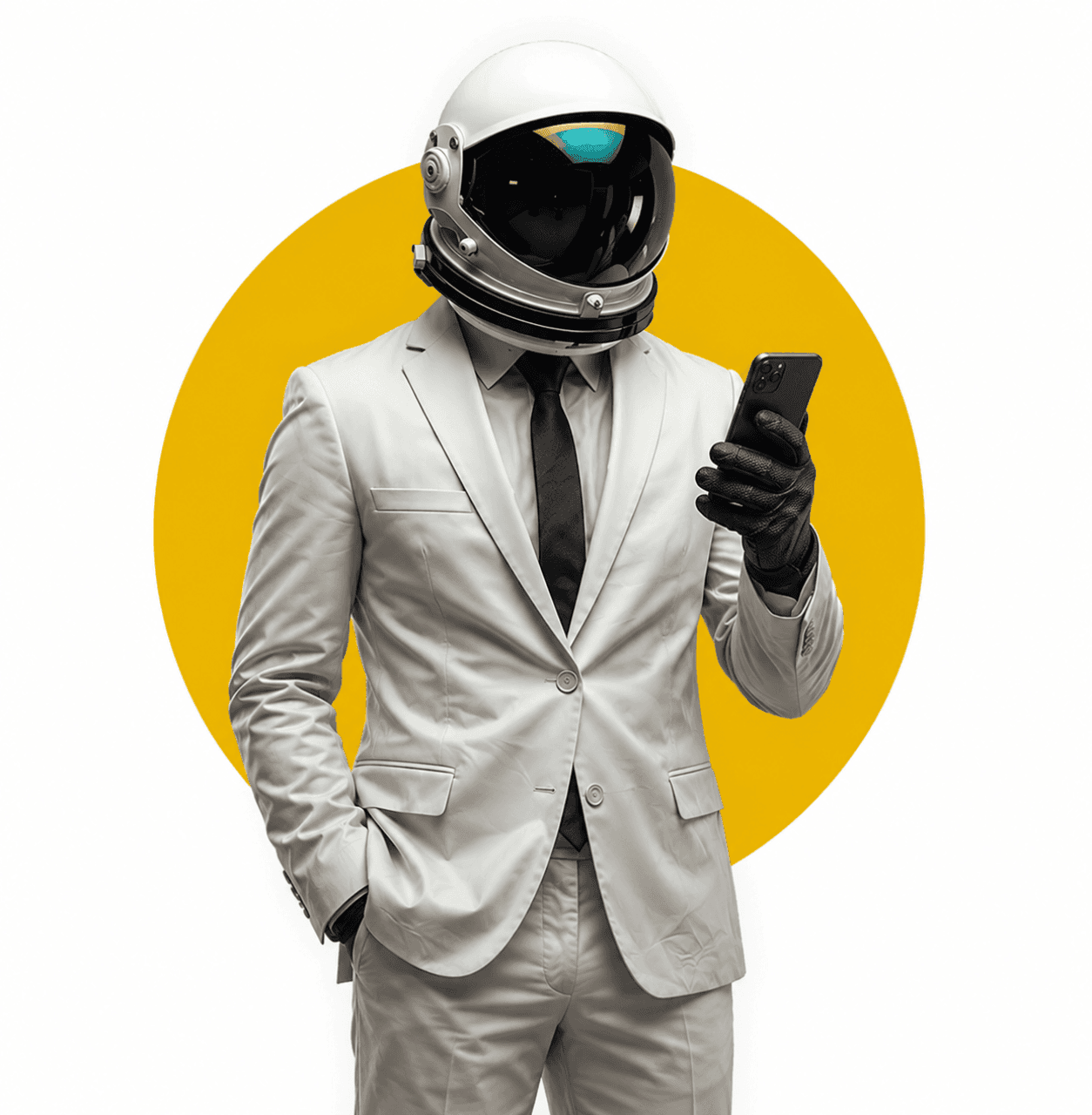 Mężczyzna w białym garniturze i hełmie kosmonauty trzyma smartfon na tle żółtego koła.