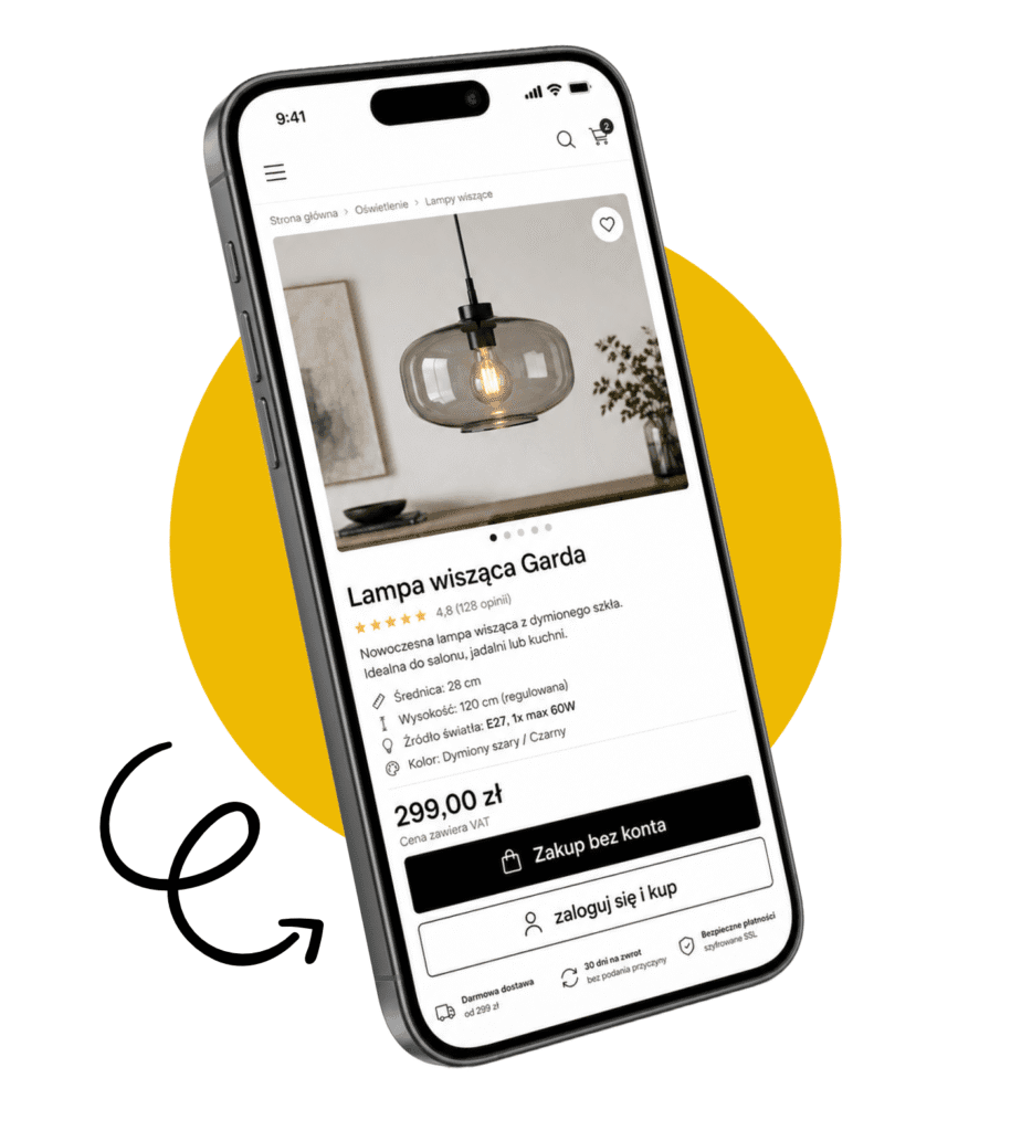 Smartfon z kartą produktu lampy wiszącej w sklepie internetowym.