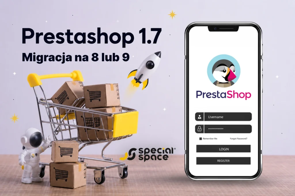 Grafika o migracji PrestaShop 1.7 na 8 lub 9, z wózkiem, kartonami i ekranem logowania w telefonie.