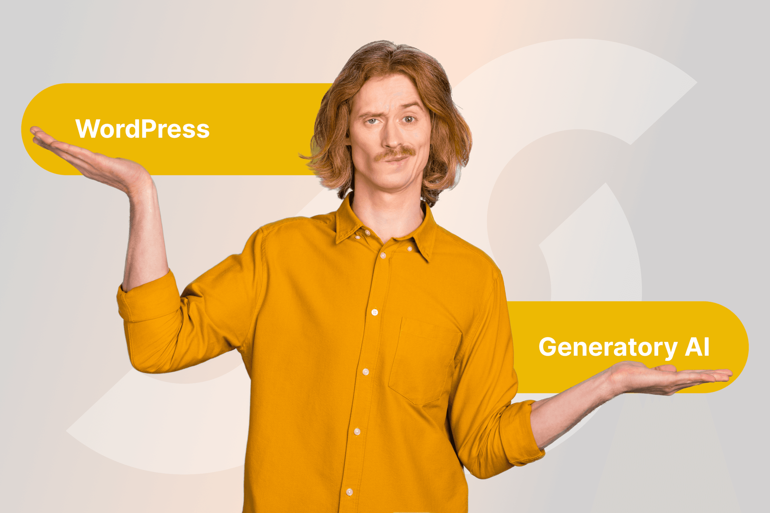 Mężczyzna w żółtej koszuli pokazuje napisy „WordPress” i „Generatory AI” na jasnym tle.