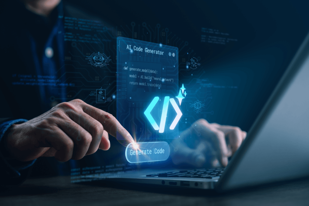 Programista naciska przycisk „Generate Code” na ekranie laptopa z interfejsem AI.