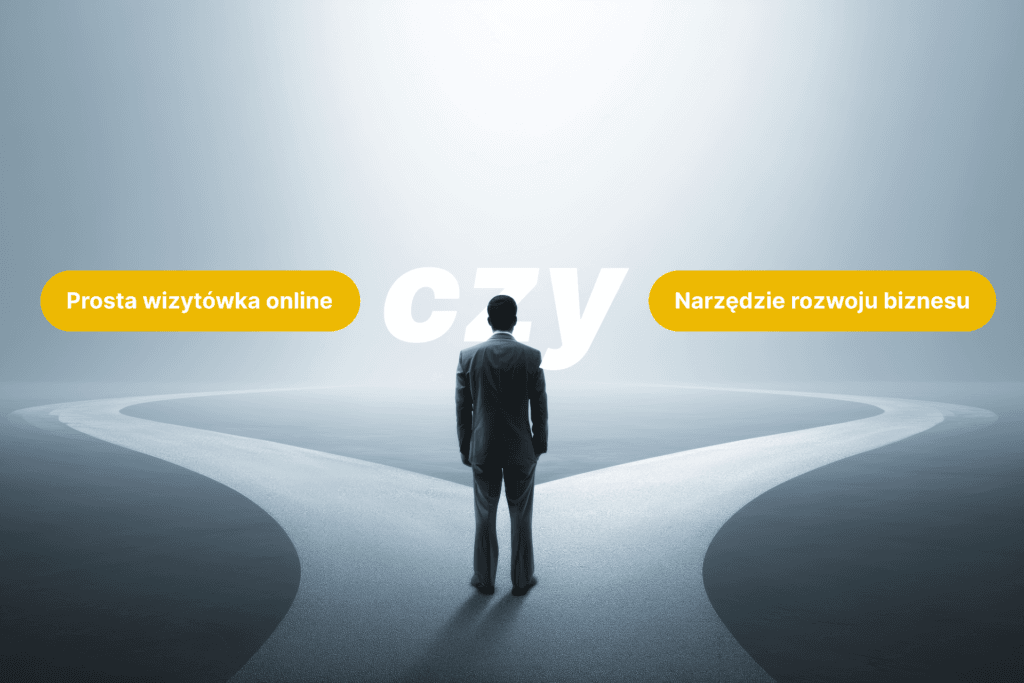 Mężczyzna w garniturze stoi na rozdrożu z napisem „czy” i hasłami o wizytówce online oraz rozwoju biznesu.