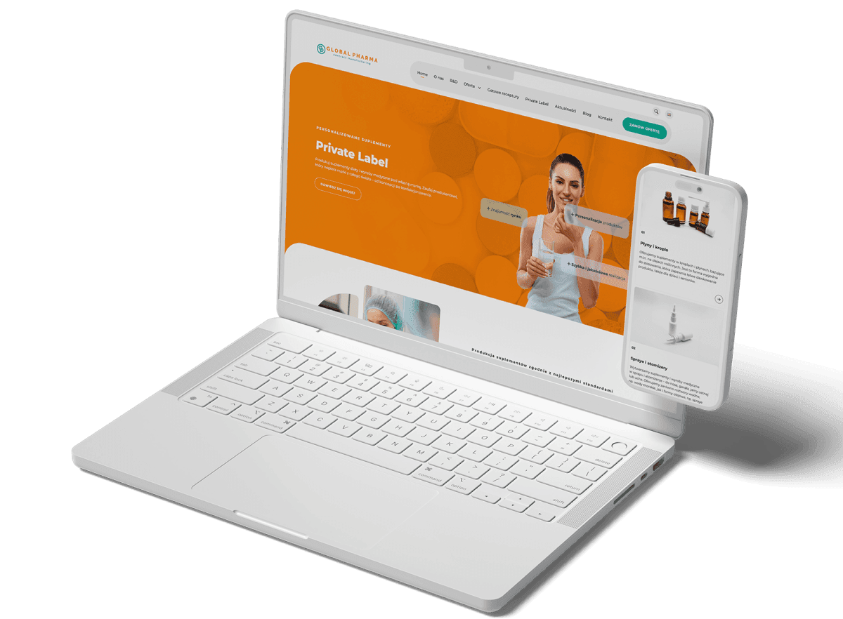 Laptop i smartfon z otwartą stroną internetową o suplementach i etykiecie Private Label.