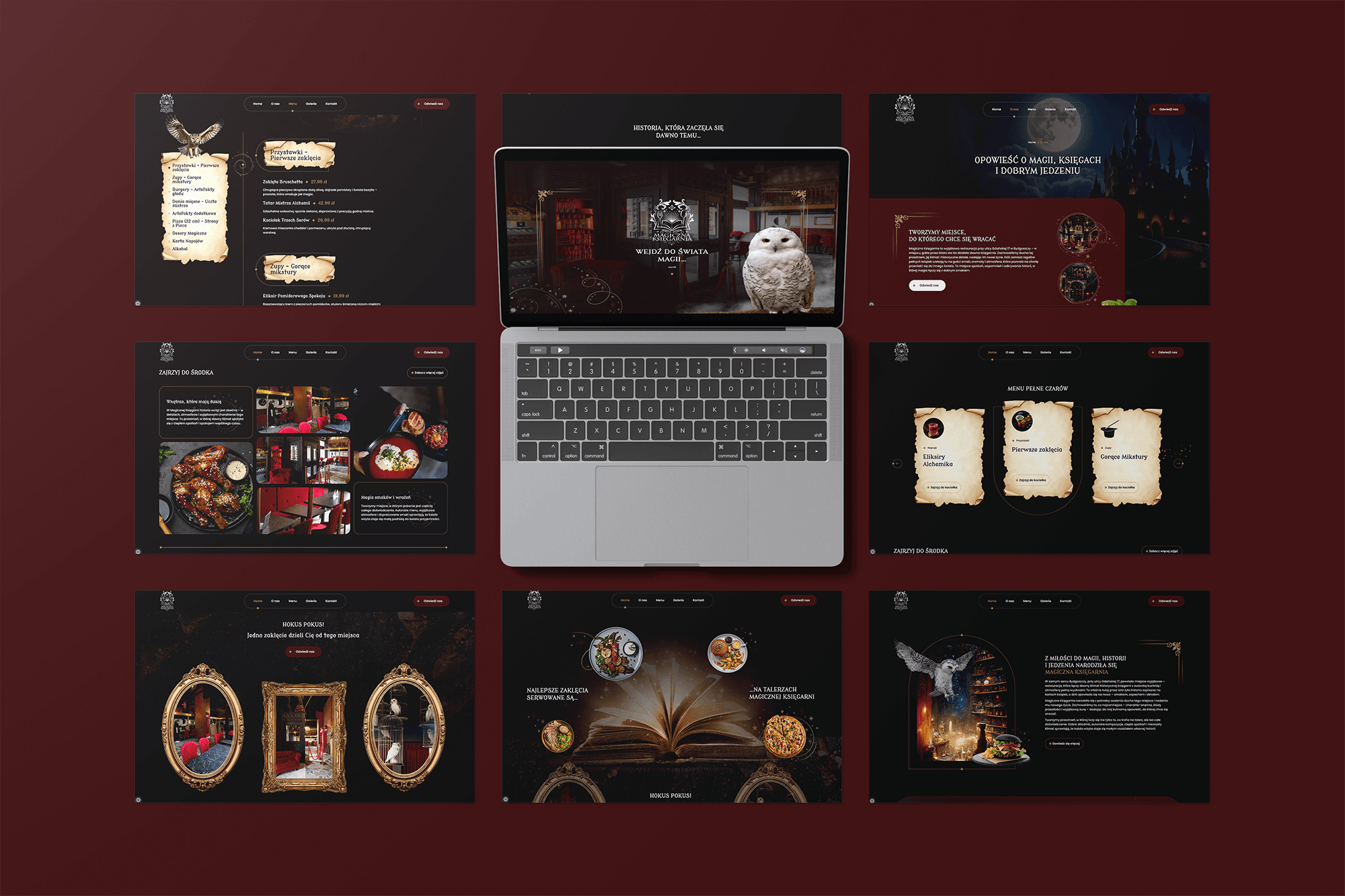 Makieta strony internetowej z laptopem i podglądem ciemnej, magicznej restauracji oraz menu.