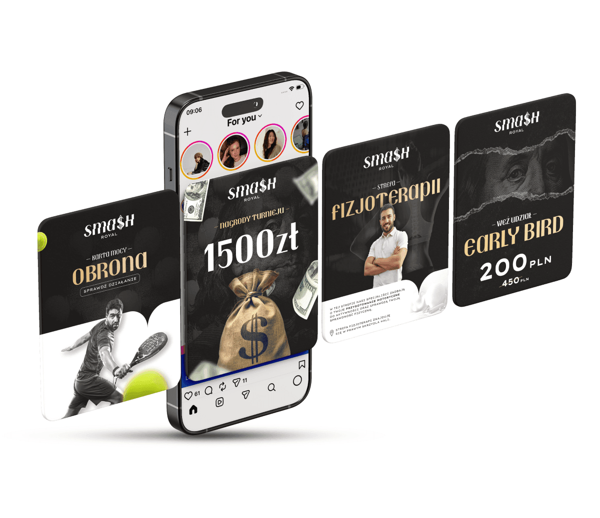 Smartfon z czterema reklamowymi grafikami sportowymi i ofertami promocyjnymi.
