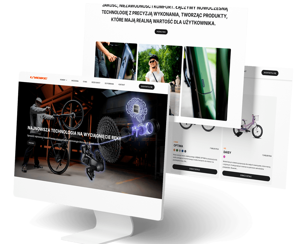 Makieta komputera z trzema stronami internetowymi o rowerach i produktach sportowych.